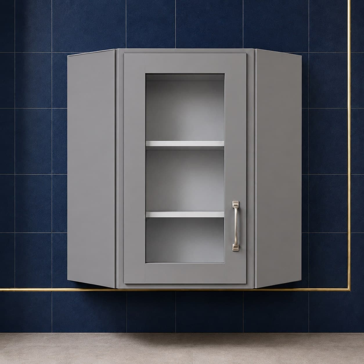All-wood wall diagonal corner glass door cabinet, 24 inches wide by 36 inches tall, with two shelves behind a glass panel, neutral finish, in Modern Gray finish — front view