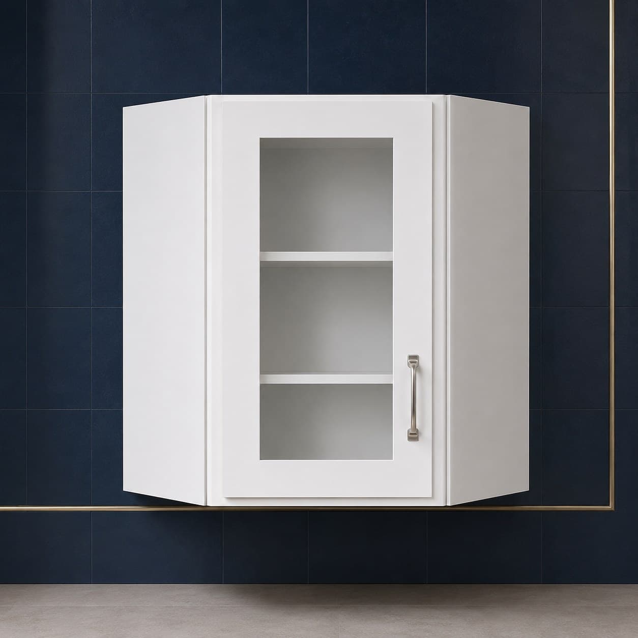 All-wood wall diagonal corner glass door cabinet, 24 inches wide by 36 inches tall, with two shelves behind a glass panel, neutral finish, in Purity White finish — front view