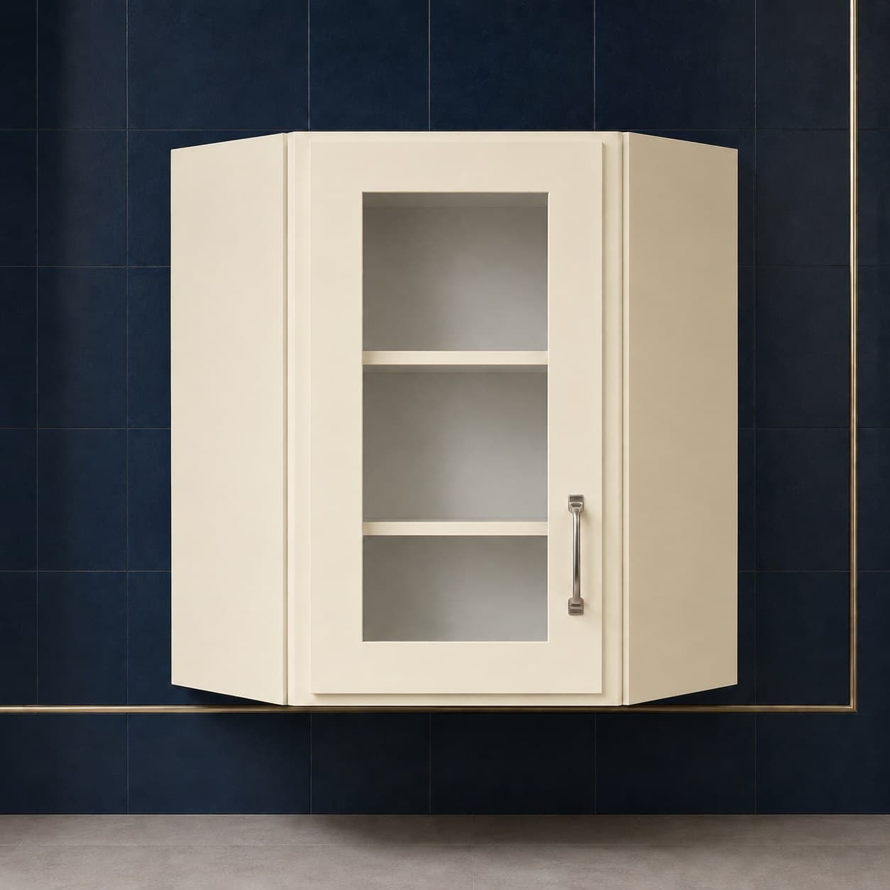 All-wood wall diagonal corner glass door cabinet, 24 inches wide by 36 inches tall, with two shelves behind a glass panel, neutral finish, in Seashell Cream finish — front view