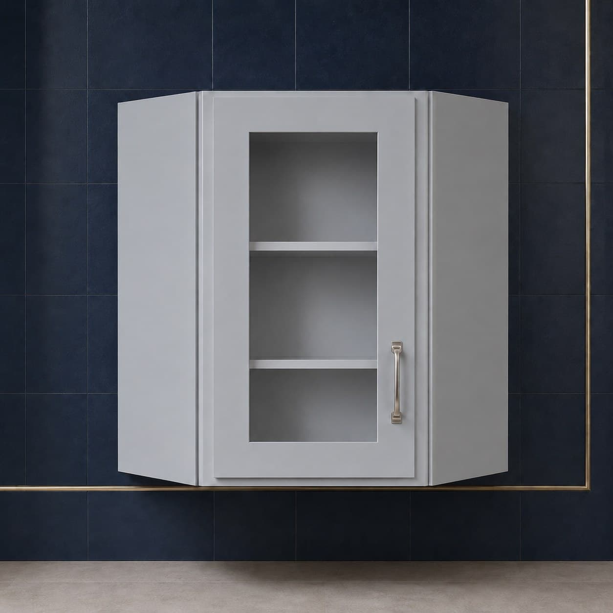 All-wood wall diagonal corner glass door cabinet, 24 inches wide by 36 inches tall, with two shelves behind a glass panel, neutral finish, in Silver Gray finish — front view