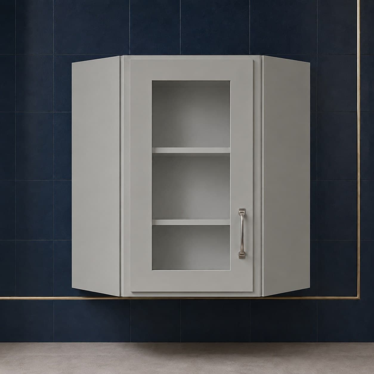 All-wood wall diagonal corner glass door cabinet, 24 inches wide by 36 inches tall, with two shelves behind a glass panel, neutral finish, in Victory Gray finish — front view