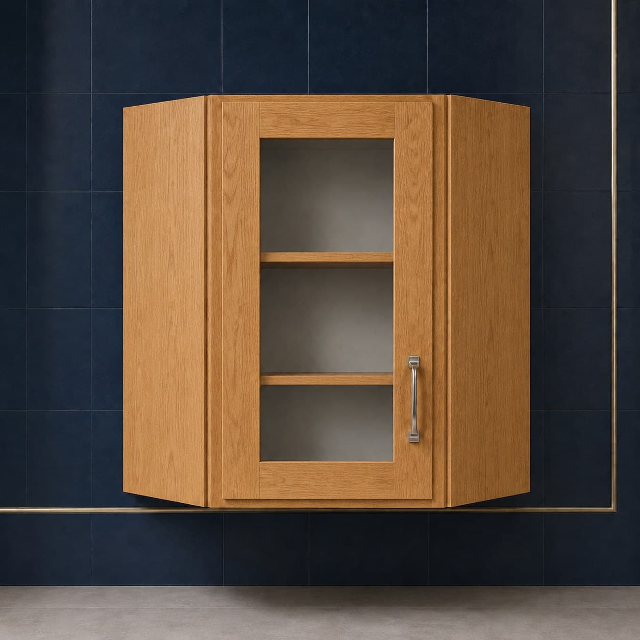 All-wood wall diagonal corner glass door cabinet, 24 inches wide by 36 inches tall, with two shelves behind a glass panel, neutral finish, in Wood Color finish — front view