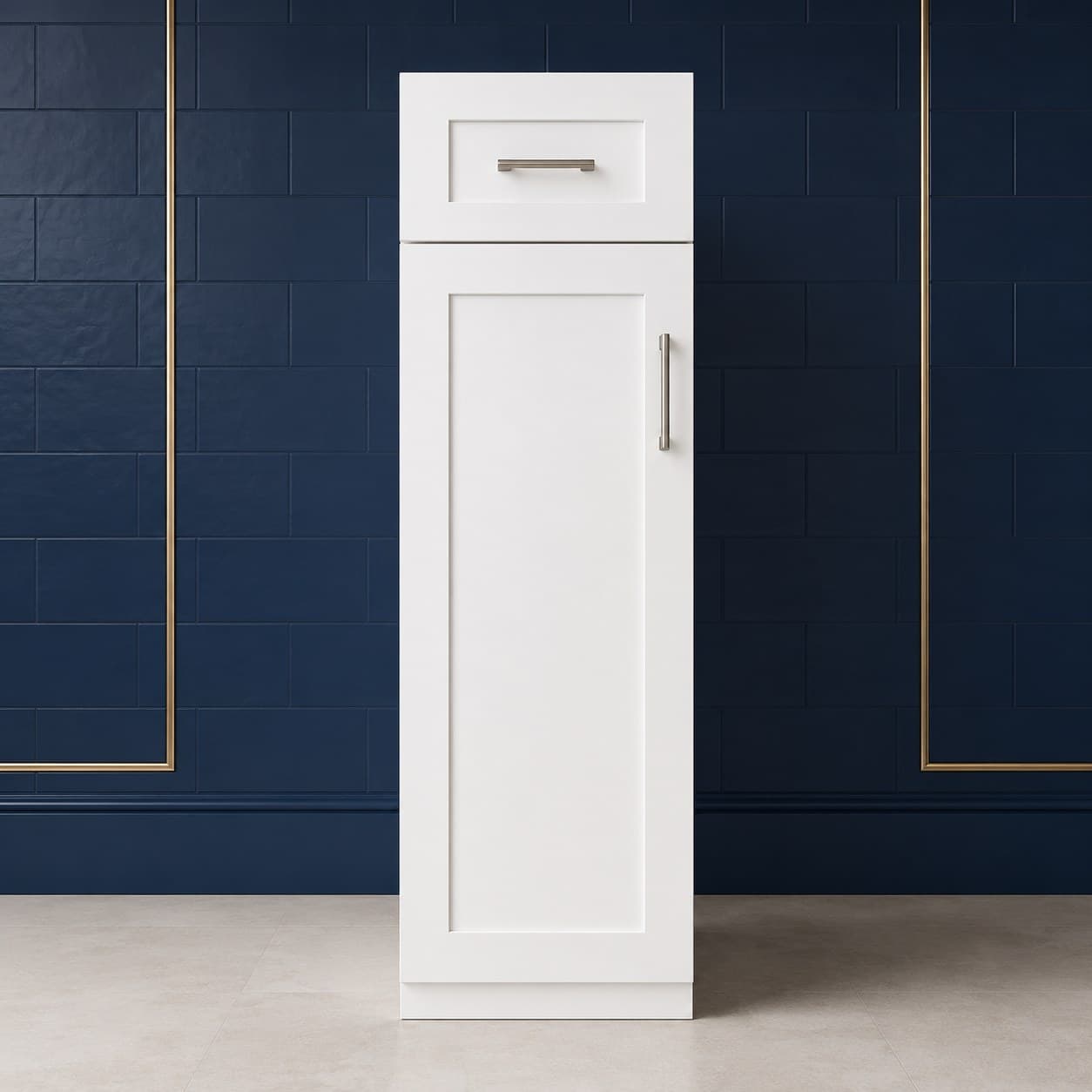 Tall decorative door panel, 12 by 42 inches, with raised door styling for exposed cabinet sides, in Purity White finish — front view