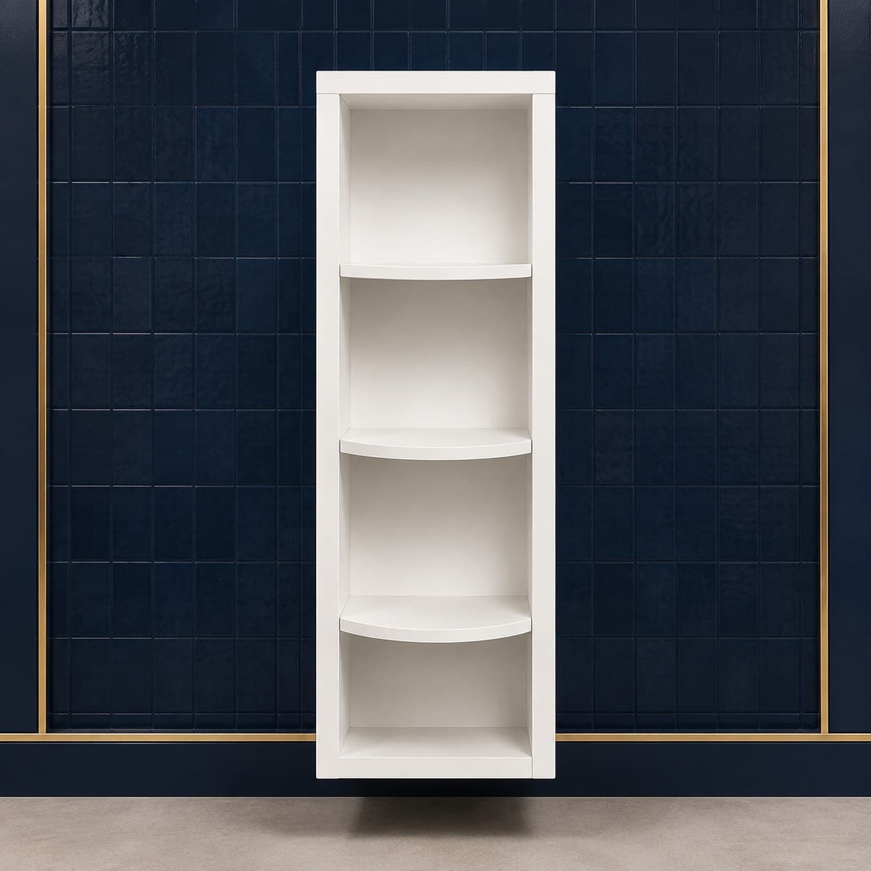All-wood right-side wall end open shelf, 9 inches wide by 30 inches tall, with two open shelves for display, neutral finish, in Purity White finish — front view