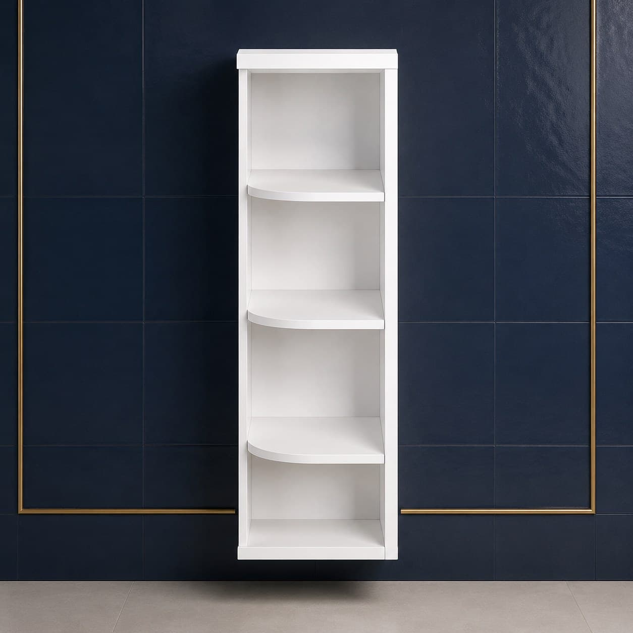 All-wood right wall end open shelf, 9 inches wide by 36 inches tall, with two open shelves, neutral wood finish, in Purity White finish — front view