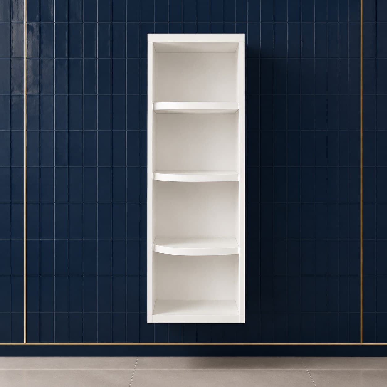 Tall all-wood right wall end open shelf, 9 inches wide by 42 inches tall, with three open shelves, shown in a neutral finish, in Purity White finish — front view
