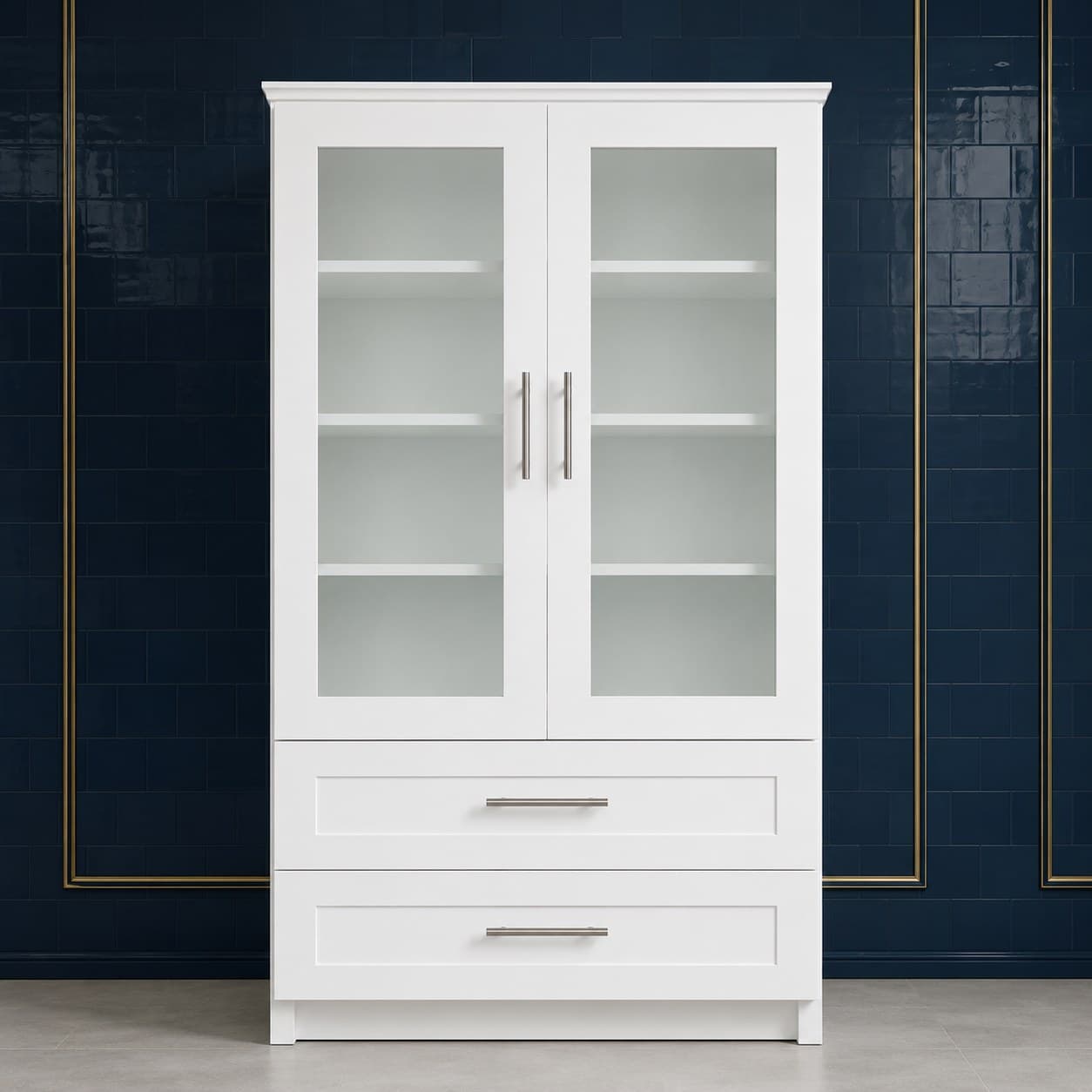 Glass cabinet door with wood frame sized for a 30 by 42 inch tall wall cabinet, in Purity White finish — front view
