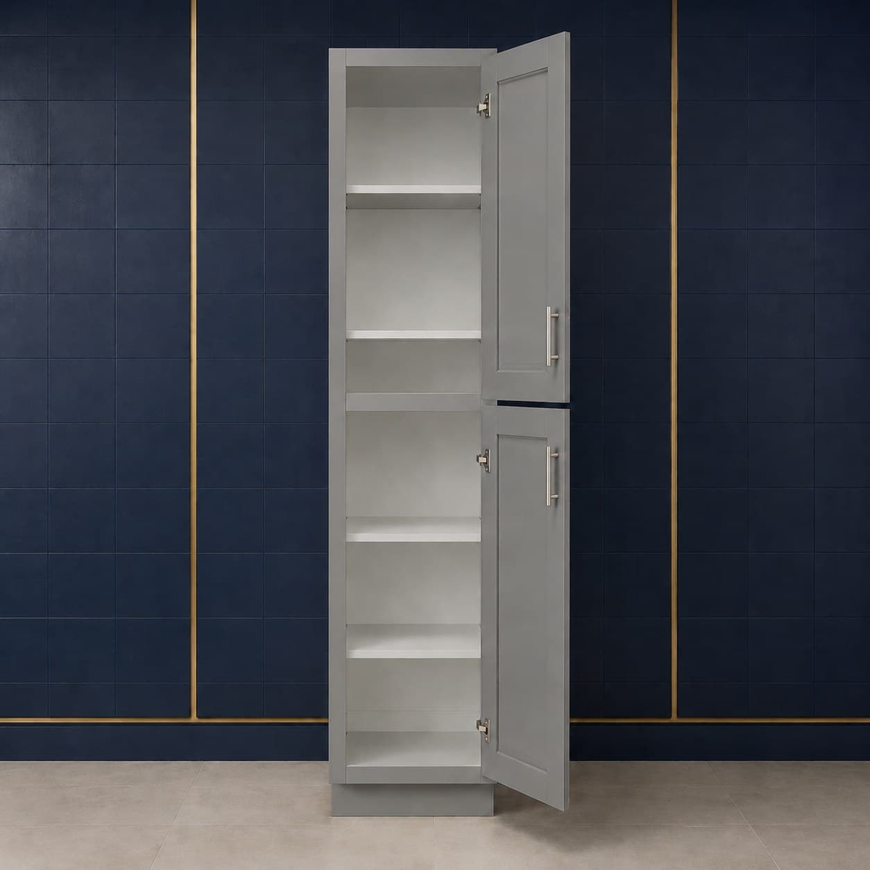Deep-profile tall pantry cabinet, 18 inches wide, 84 inches high, and 27 inches deep, with two doors and three adjustable shelves, shown in a neutral finish, in Modern Gray finish — front view