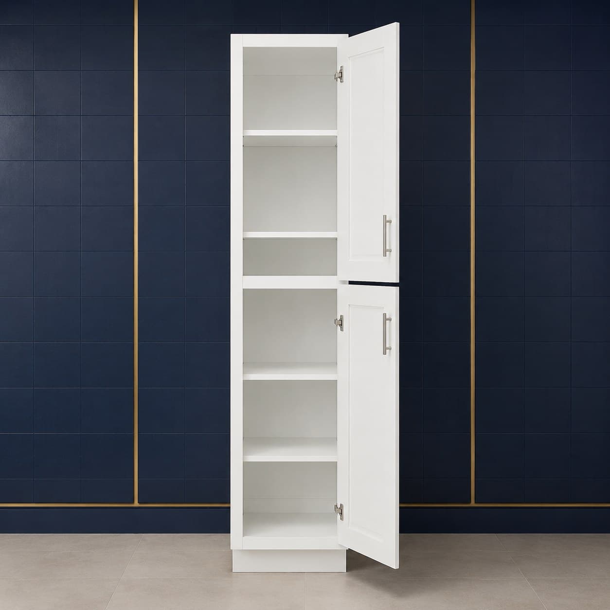 Deep-profile tall pantry cabinet, 18 inches wide, 84 inches high, and 27 inches deep, with two doors and three adjustable shelves, shown in a neutral finish, in Purity White finish — front view