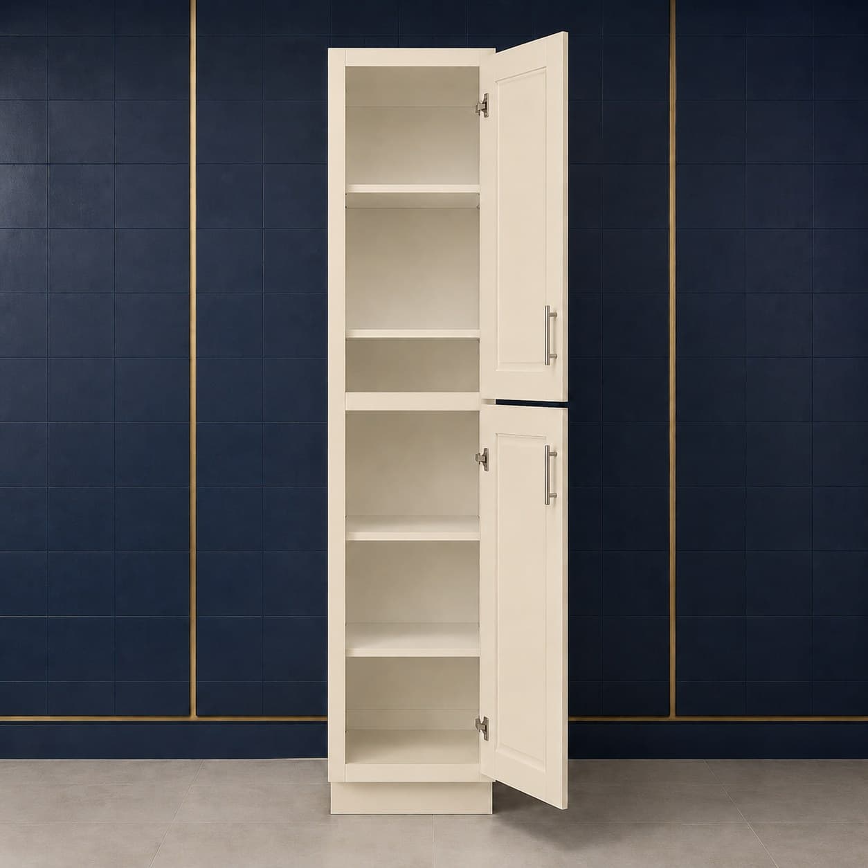 Deep-profile tall pantry cabinet, 18 inches wide, 84 inches high, and 27 inches deep, with two doors and three adjustable shelves, shown in a neutral finish, in Seashell Cream finish — front view