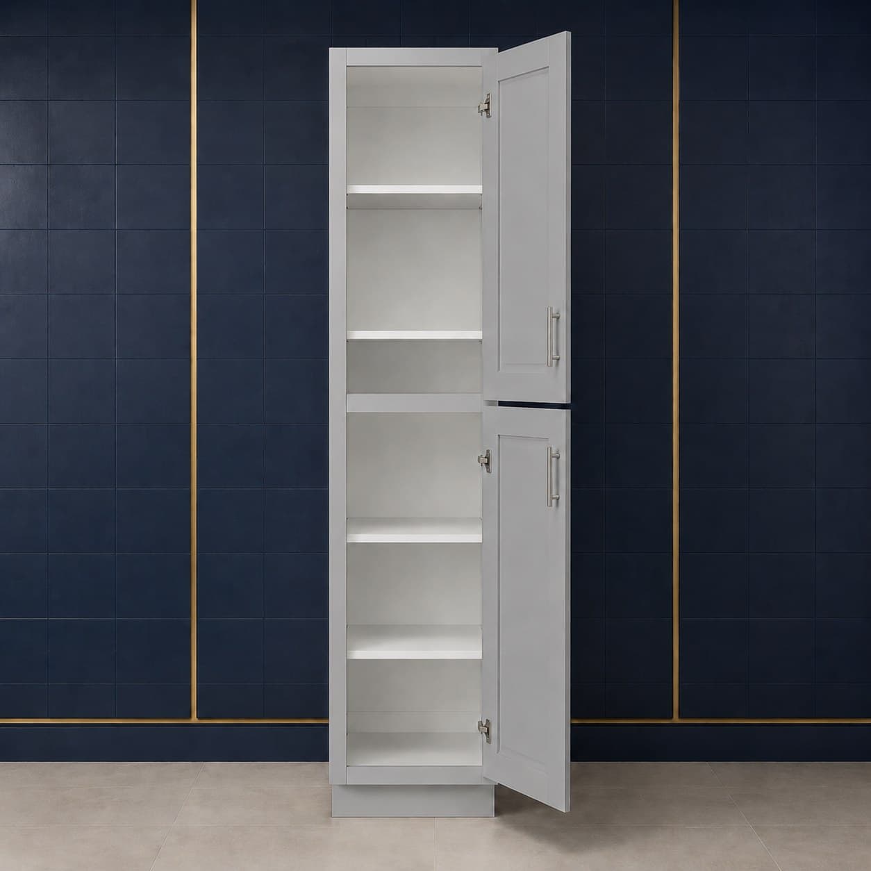 Deep-profile tall pantry cabinet, 18 inches wide, 84 inches high, and 27 inches deep, with two doors and three adjustable shelves, shown in a neutral finish, in Silver Gray finish — front view