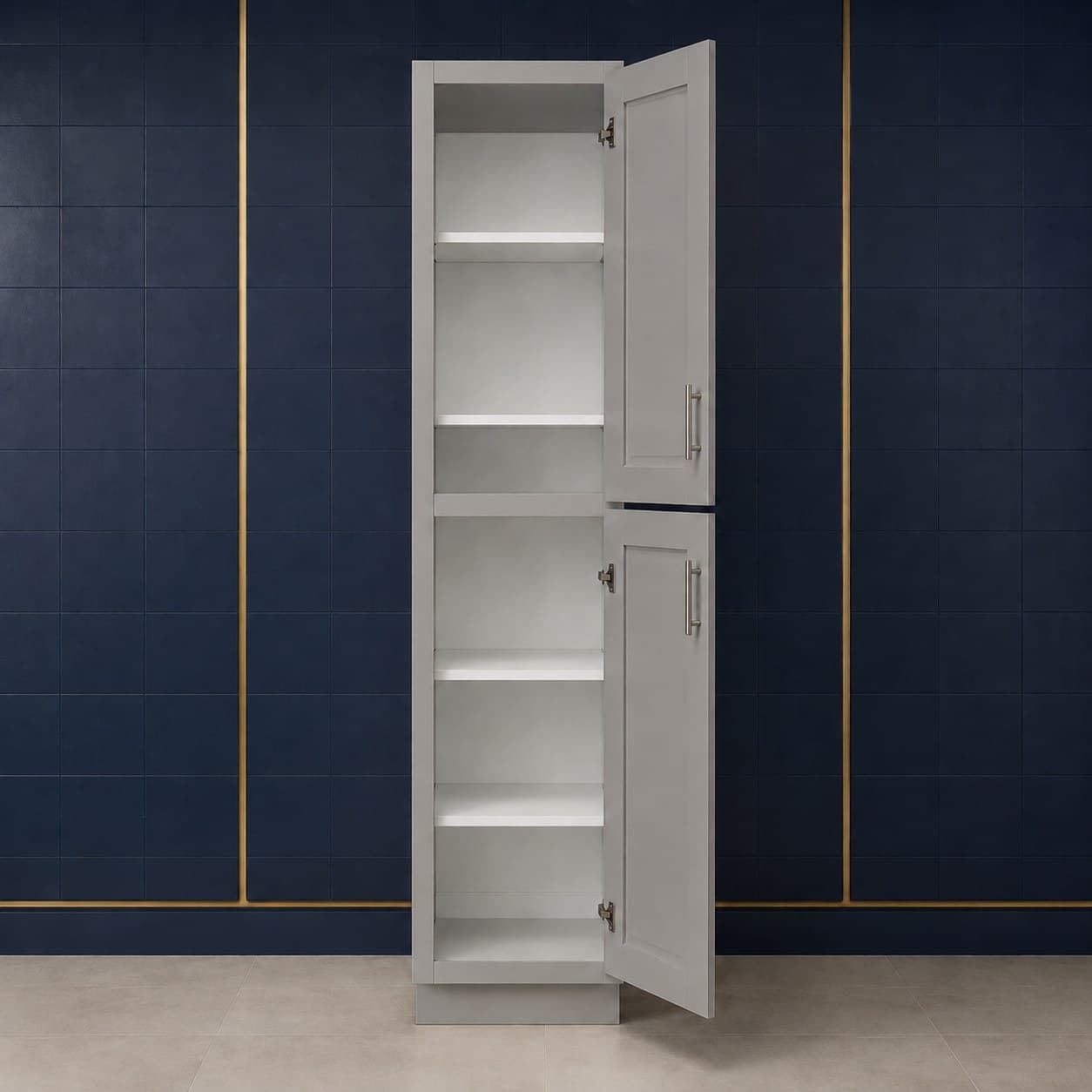 Deep-profile tall pantry cabinet, 18 inches wide, 84 inches high, and 27 inches deep, with two doors and three adjustable shelves, shown in a neutral finish, in Victory Gray finish — front view