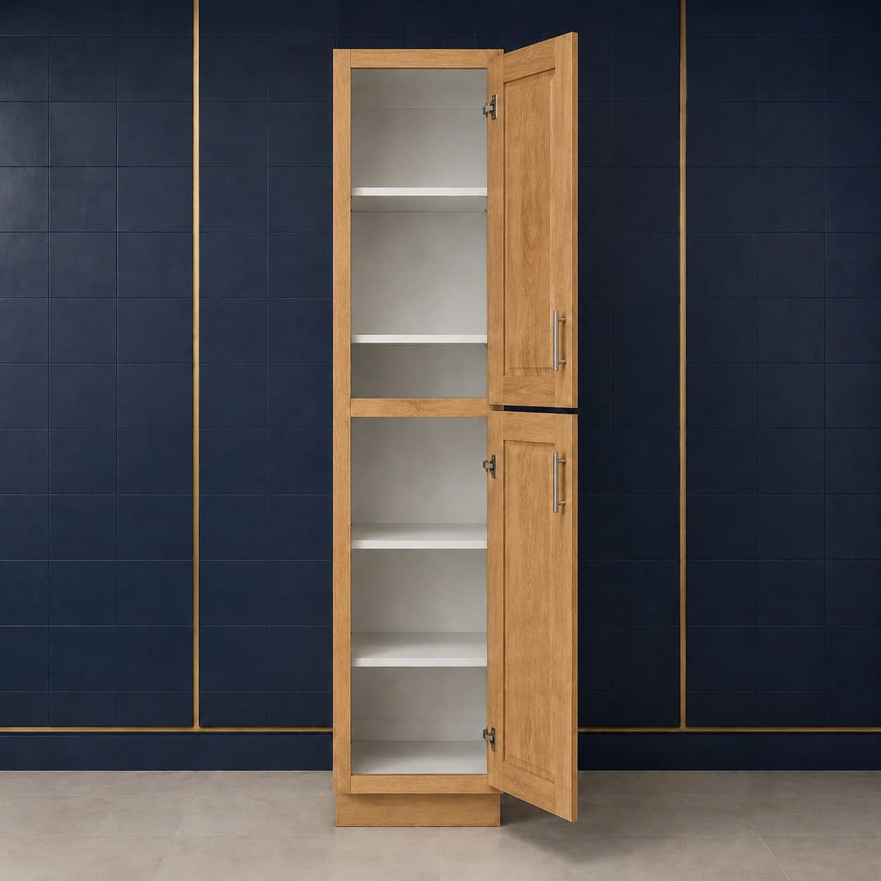 Deep-profile tall pantry cabinet, 18 inches wide, 84 inches high, and 27 inches deep, with two doors and three adjustable shelves, shown in a neutral finish, in Wood Color finish — front view