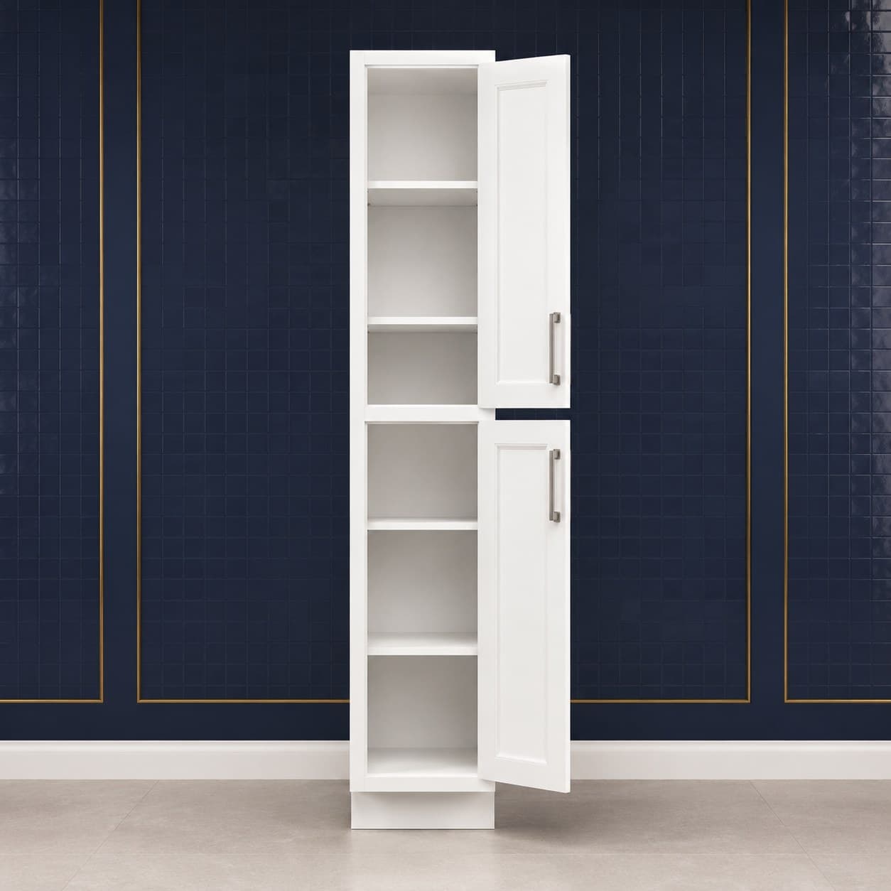 Ceiling-height pantry cabinet, 18 inches wide, 96 inches high, and 27 inches deep, with two doors revealing four adjustable shelves, shown in a neutral finish, in Purity White finish — front view