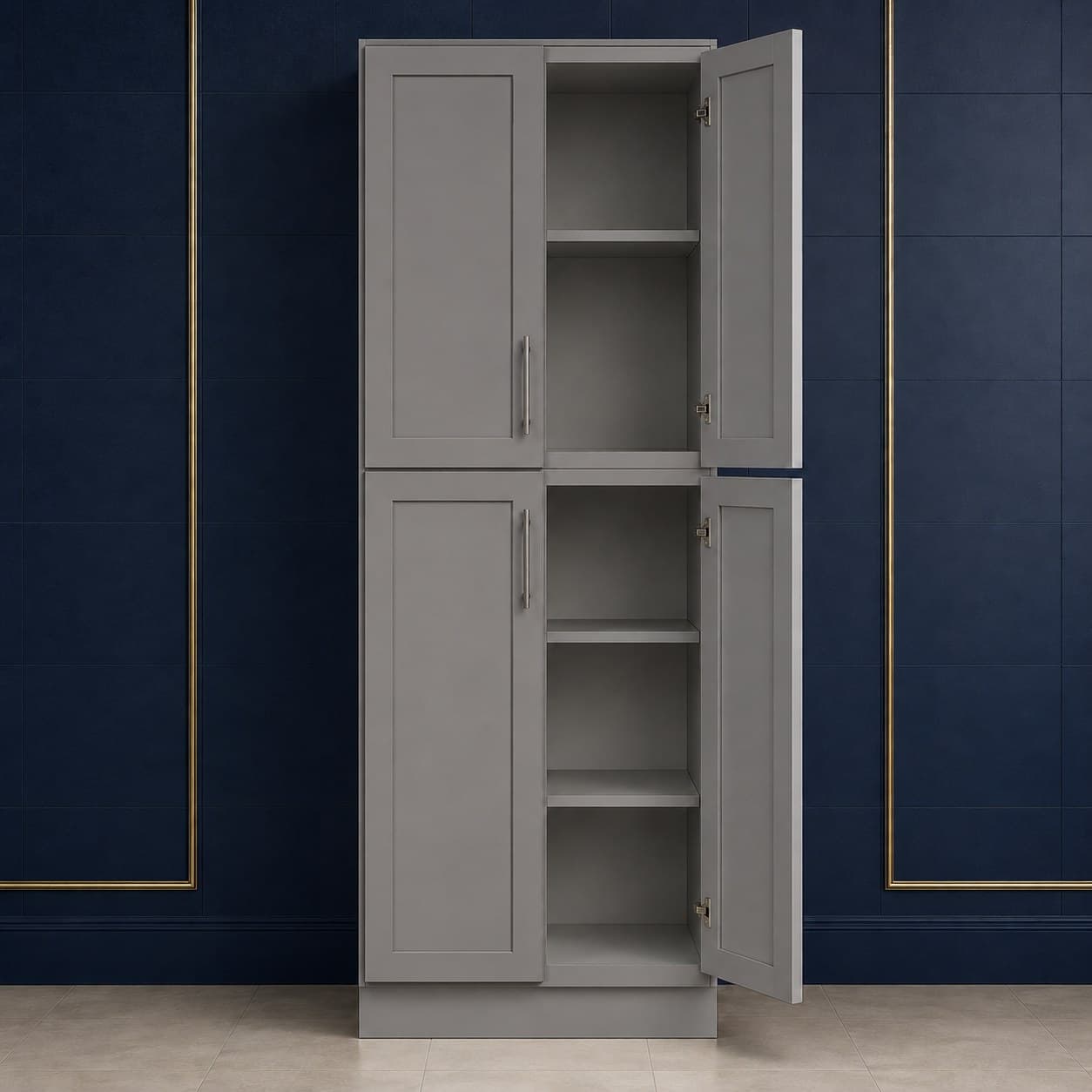 Wide deep-profile pantry cabinet, 30 inches wide, 84 inches high, and 27 inches deep, with four doors and adjustable shelves inside, shown in a neutral finish, in Modern Gray finish — front view