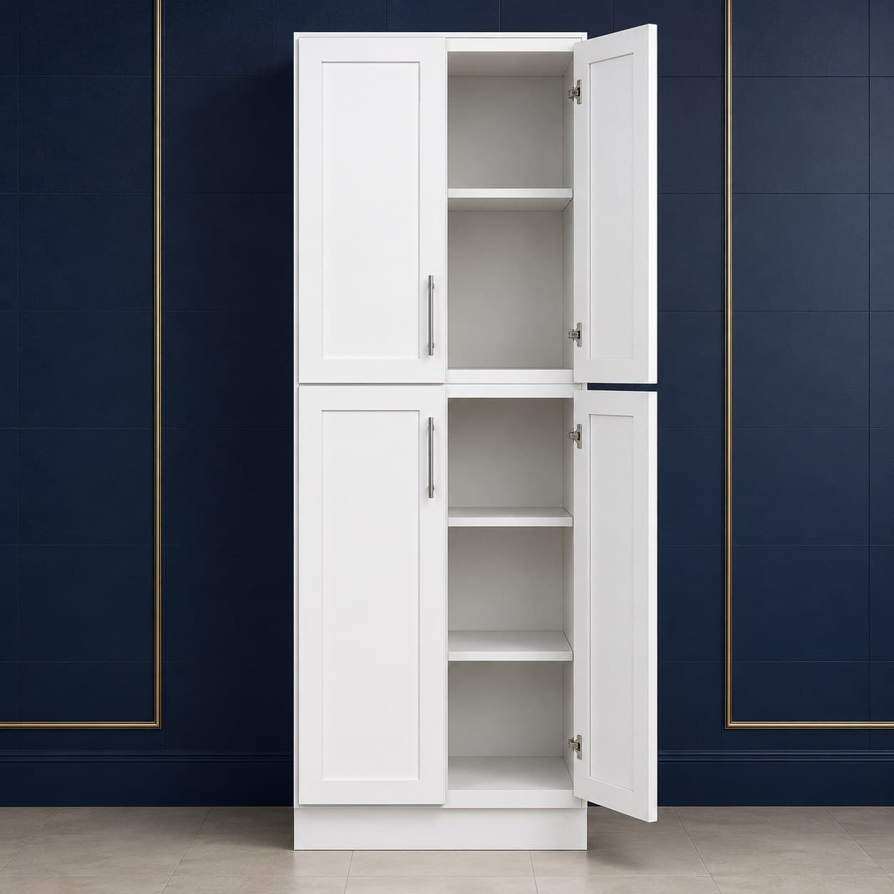 Wide deep-profile pantry cabinet, 30 inches wide, 84 inches high, and 27 inches deep, with four doors and adjustable shelves inside, shown in a neutral finish, in Purity White finish — front view