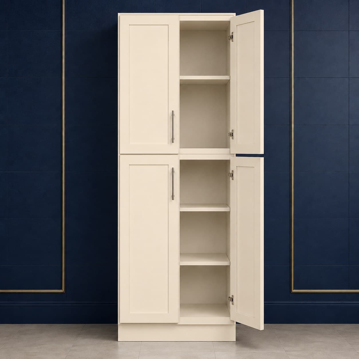 Wide deep-profile pantry cabinet, 30 inches wide, 84 inches high, and 27 inches deep, with four doors and adjustable shelves inside, shown in a neutral finish, in Seashell Cream finish — front view