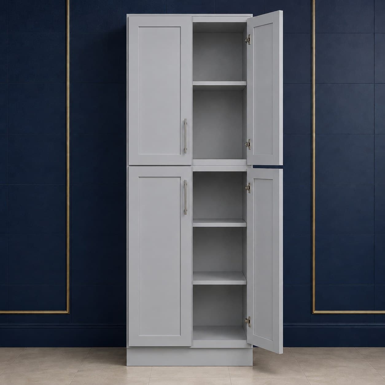 Wide deep-profile pantry cabinet, 30 inches wide, 84 inches high, and 27 inches deep, with four doors and adjustable shelves inside, shown in a neutral finish, in Silver Gray finish — front view