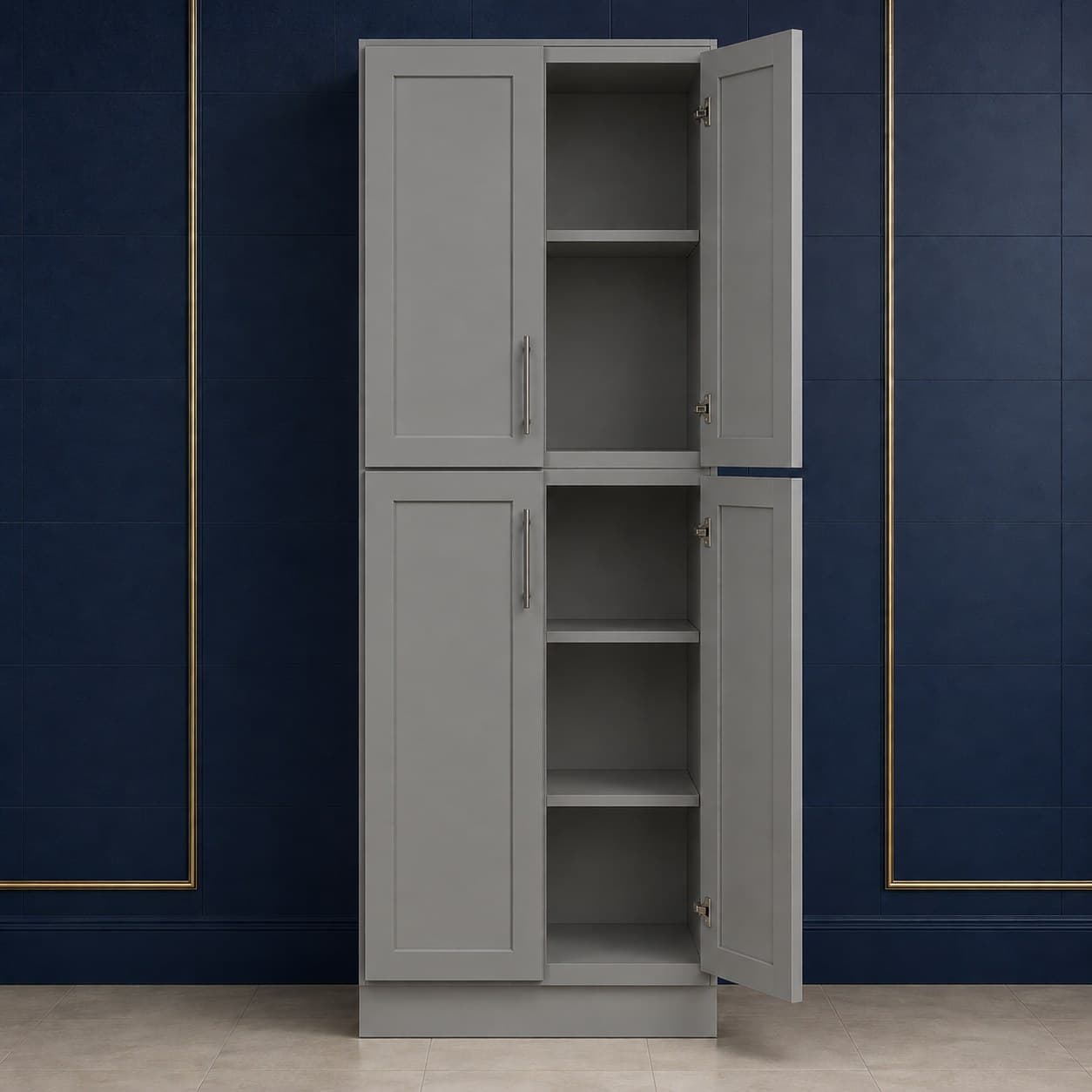 Wide deep-profile pantry cabinet, 30 inches wide, 84 inches high, and 27 inches deep, with four doors and adjustable shelves inside, shown in a neutral finish, in Victory Gray finish — front view
