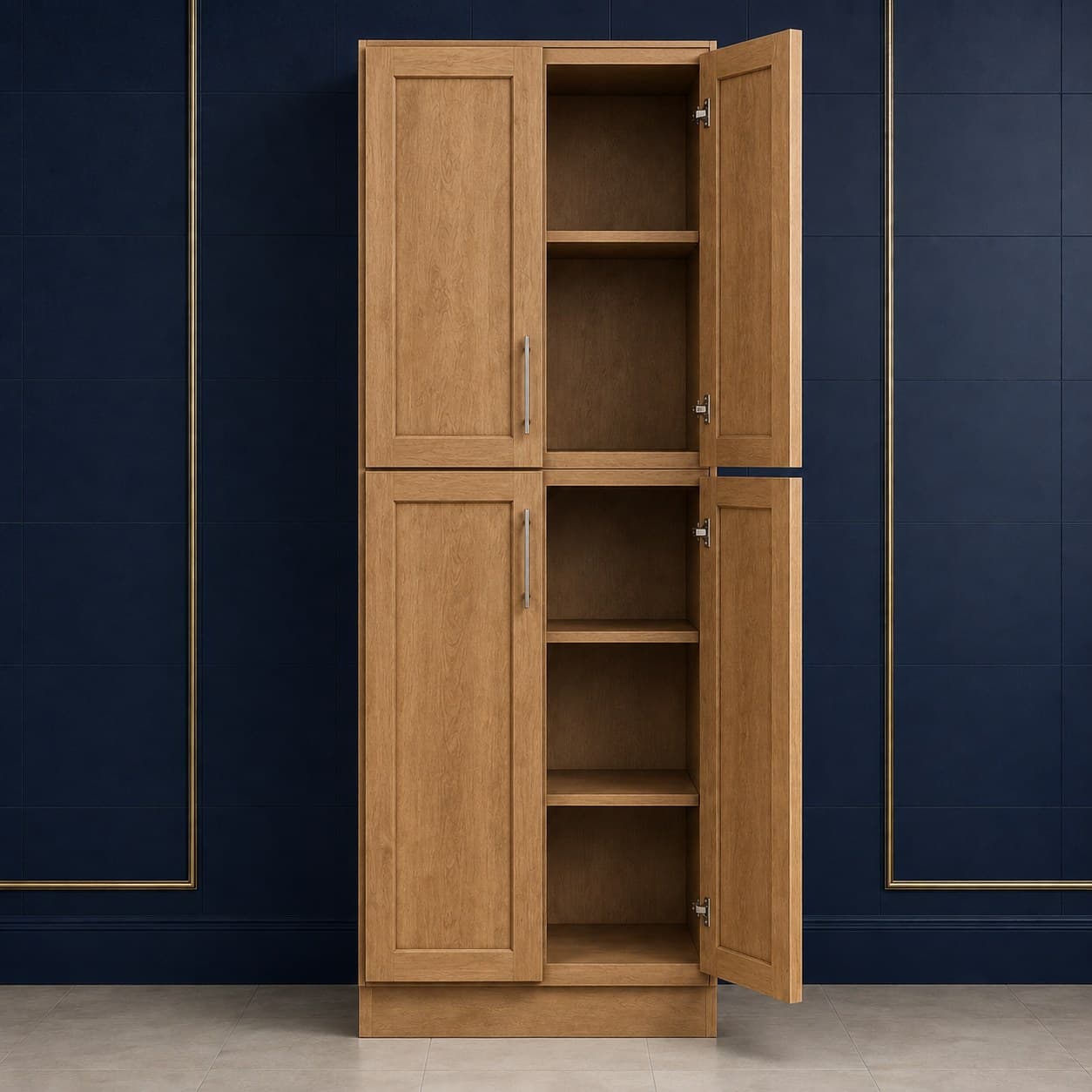 Wide deep-profile pantry cabinet, 30 inches wide, 84 inches high, and 27 inches deep, with four doors and adjustable shelves inside, shown in a neutral finish, in Wood Color finish — front view