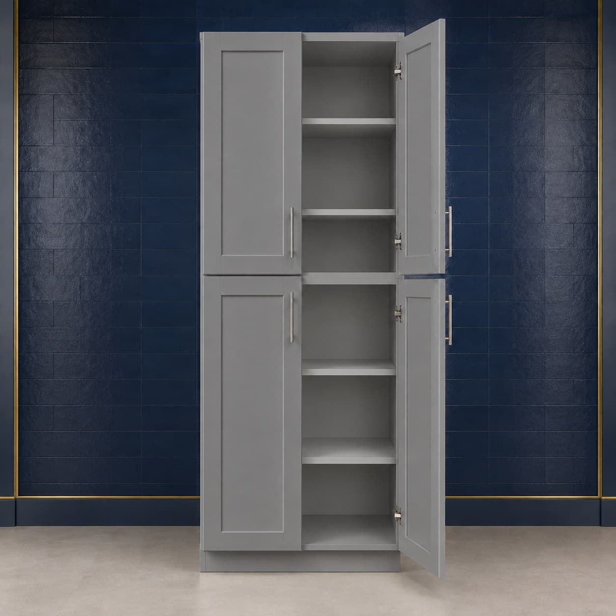 Large ceiling-height pantry cabinet, 30 inches wide, 96 inches high, and 27 inches deep, with four doors and four adjustable shelves, shown in a neutral finish, in Modern Gray finish — front view
