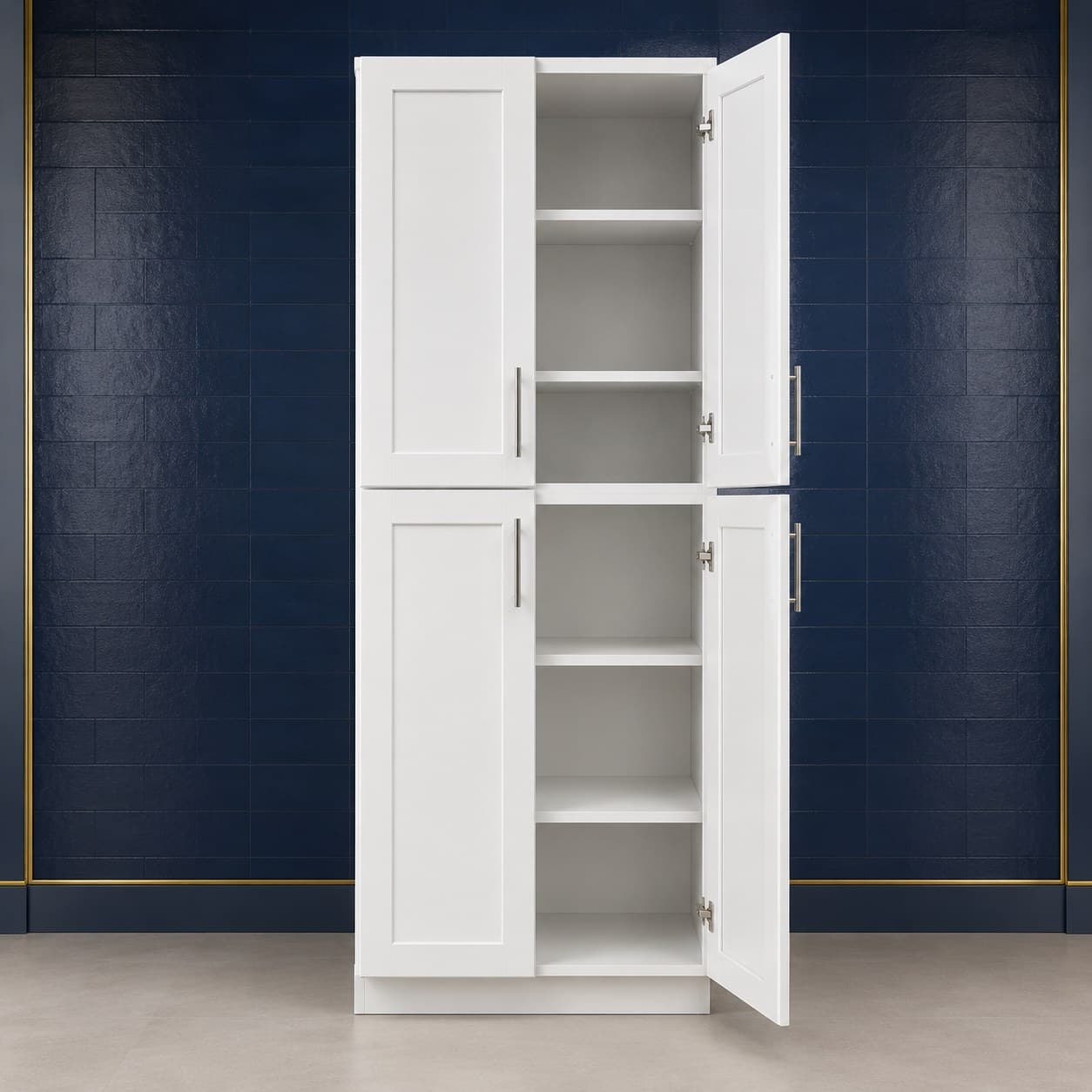 Large ceiling-height pantry cabinet, 30 inches wide, 96 inches high, and 27 inches deep, with four doors and four adjustable shelves, shown in a neutral finish, in Purity White finish — front view