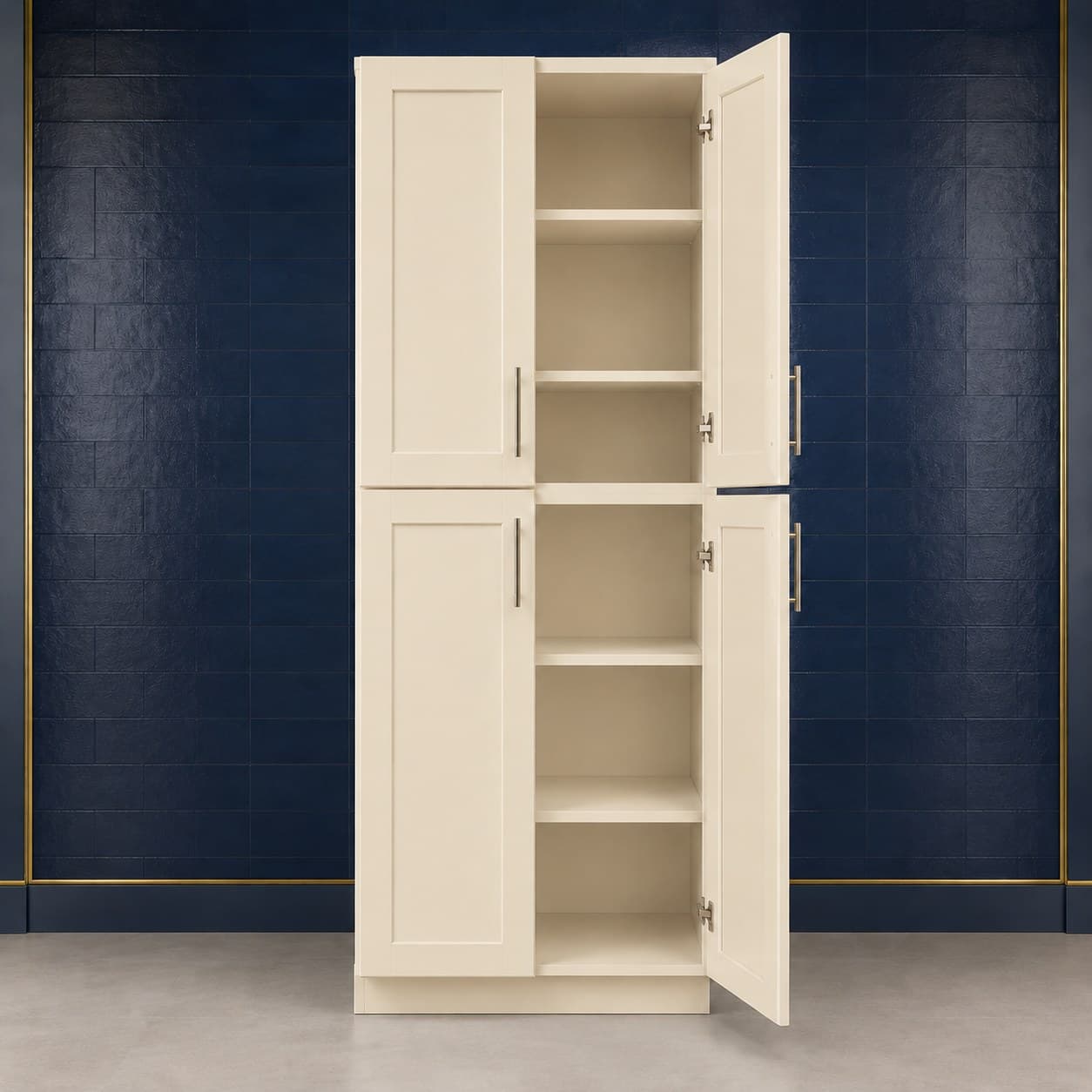 Large ceiling-height pantry cabinet, 30 inches wide, 96 inches high, and 27 inches deep, with four doors and four adjustable shelves, shown in a neutral finish, in Seashell Cream finish — front view