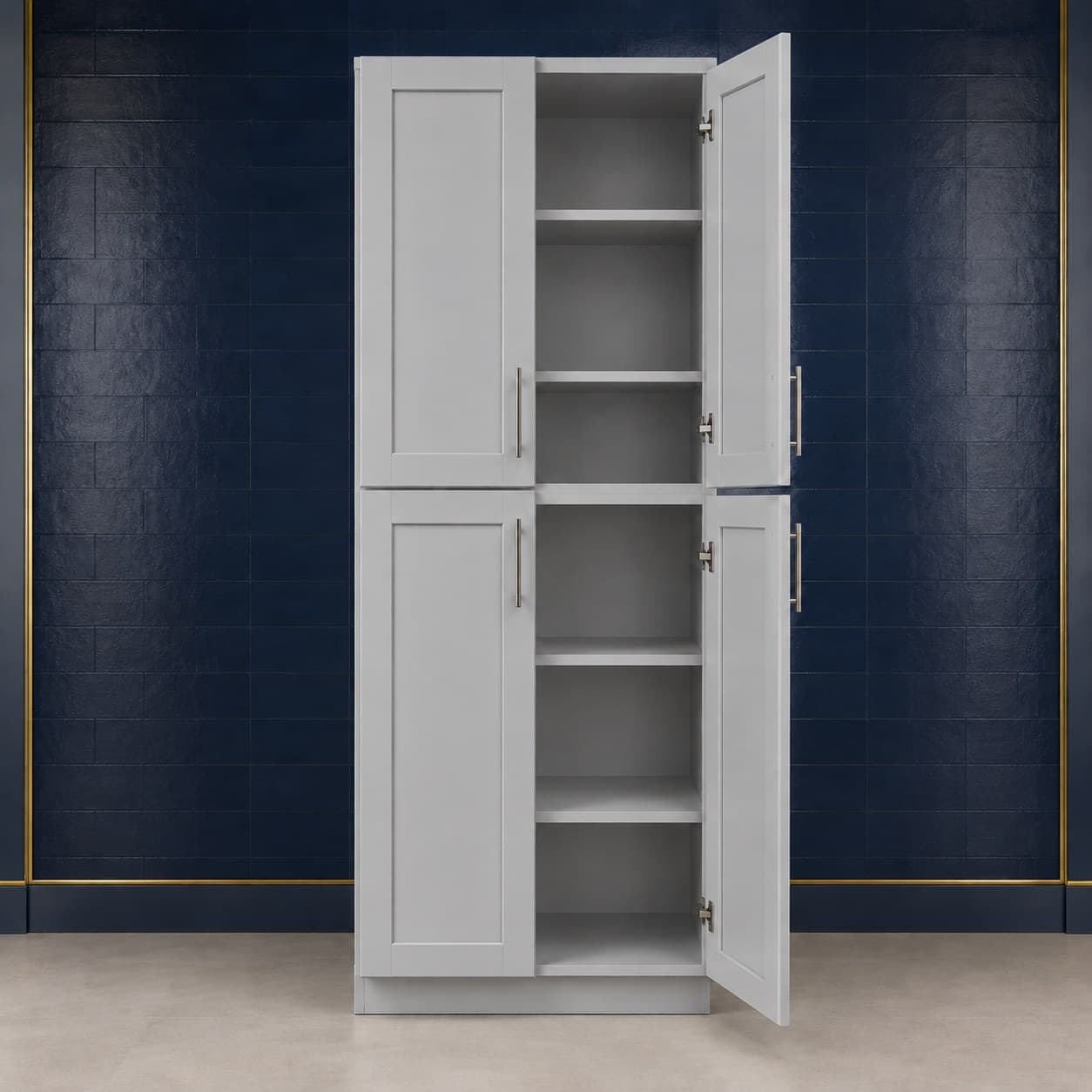 Large ceiling-height pantry cabinet, 30 inches wide, 96 inches high, and 27 inches deep, with four doors and four adjustable shelves, shown in a neutral finish, in Silver Gray finish — front view