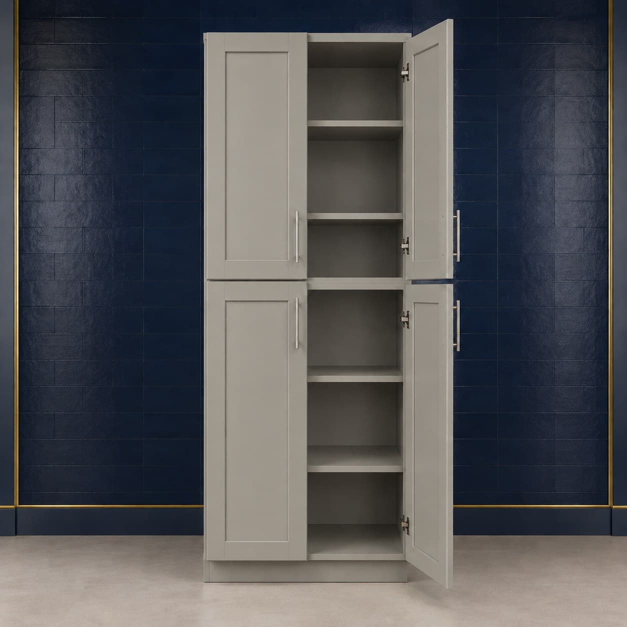 Large ceiling-height pantry cabinet, 30 inches wide, 96 inches high, and 27 inches deep, with four doors and four adjustable shelves, shown in a neutral finish, in Victory Gray finish — front view