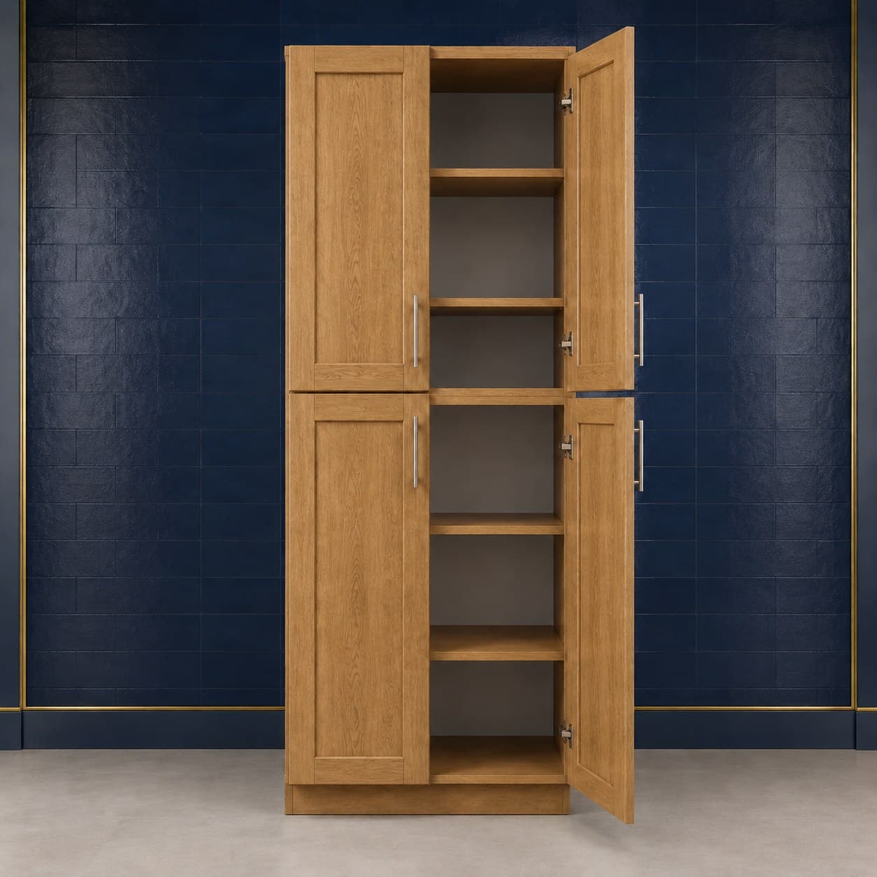 Large ceiling-height pantry cabinet, 30 inches wide, 96 inches high, and 27 inches deep, with four doors and four adjustable shelves, shown in a neutral finish, in Wood Color finish — front view