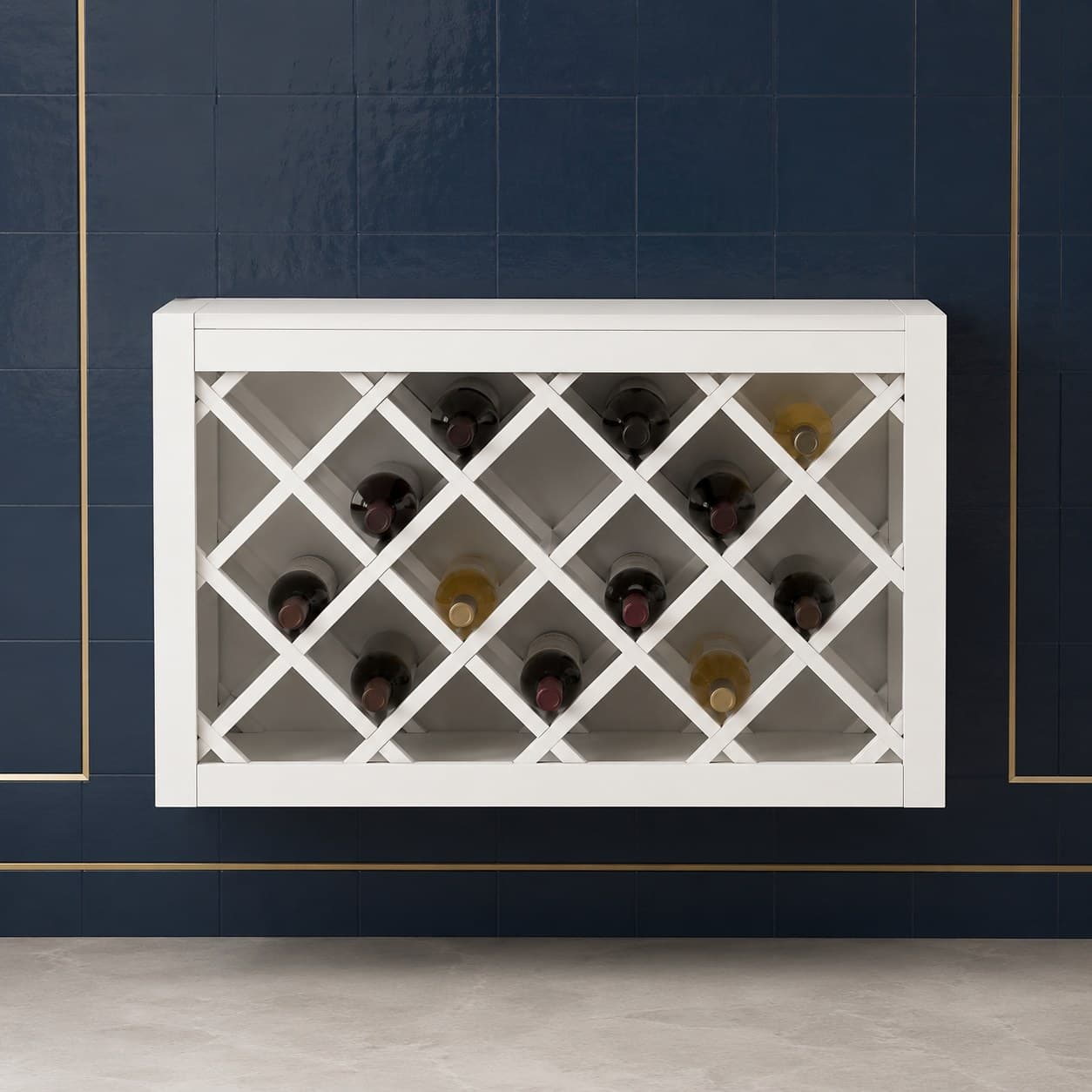 All-wood wall-mounted wine rack, 30 inches wide by 18 inches tall, with lattice X-pattern bottle storage, neutral finish, in Purity White finish — front view